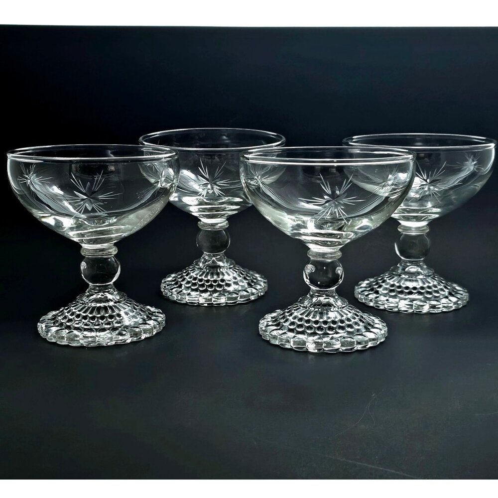 Anchor Hocking Bubble Foot Champagne Glasses 6oz cut glass starburst rays 4pc